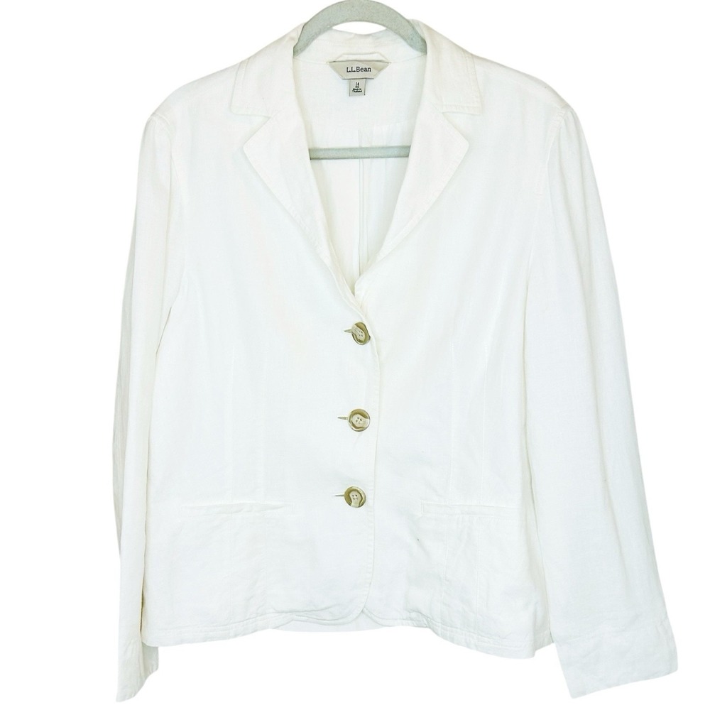 LL Bean Blazer Jacket Size 14 Large White Linen Casual Notch Lapel Lined Vintage